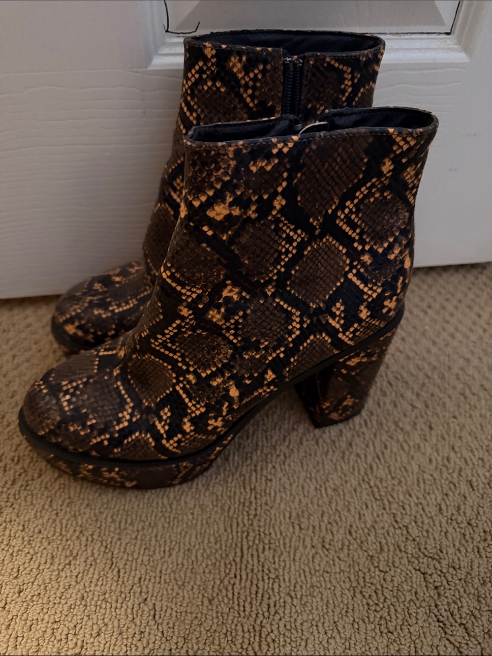 Snake-Embossed Platform Ankle Boots - Black & Brown
